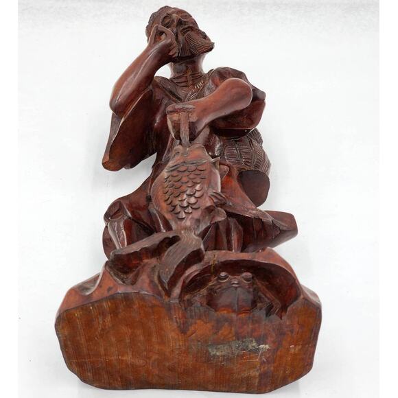 Vintage Asian Chinese Fisherman Hand Carved Wooden Sculpture Sage Elder Fish 12" - Picture 4 of 16